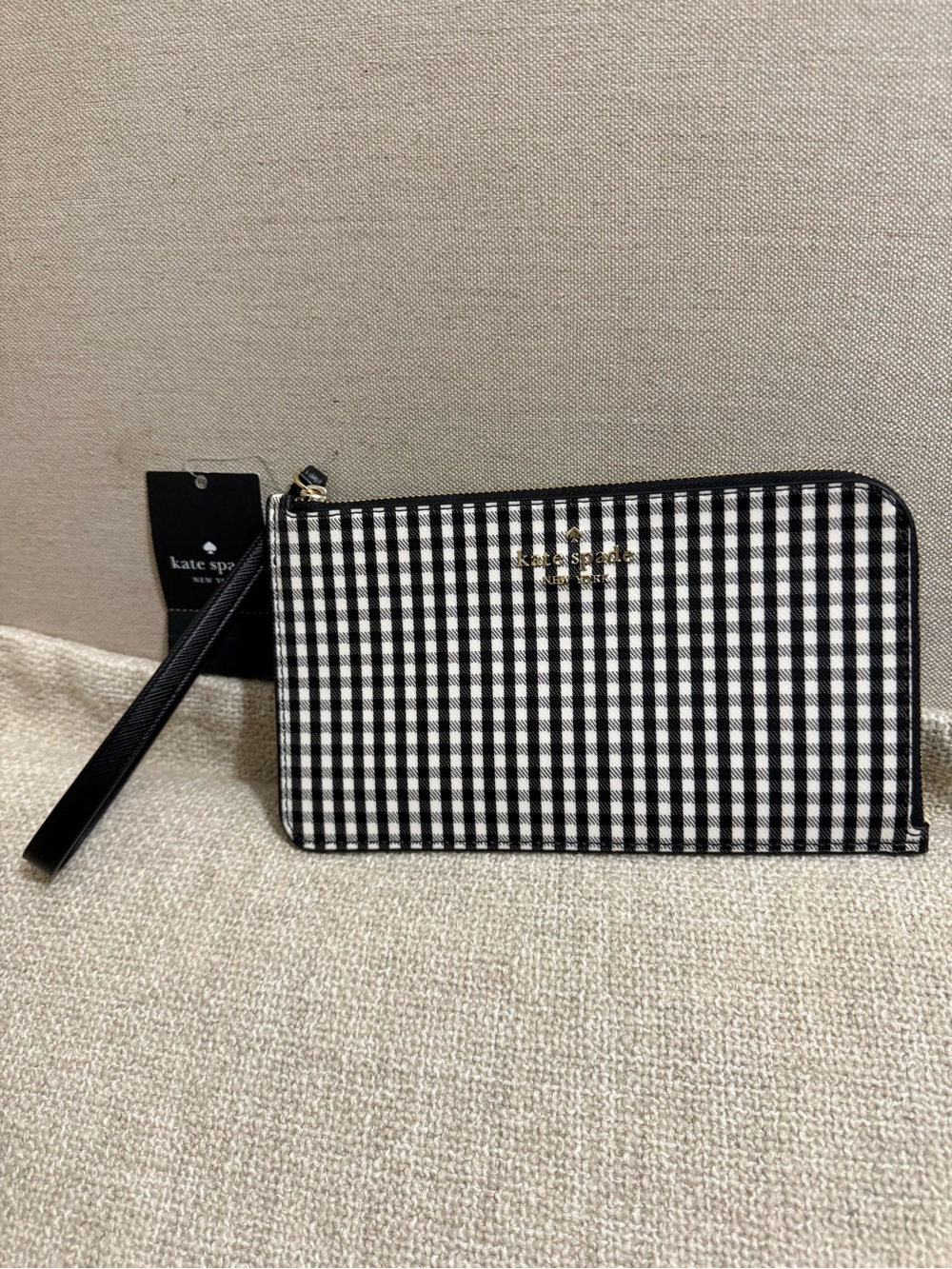 kate spade Black & White Gingham Zip-Around Wristlet with Gold Logo